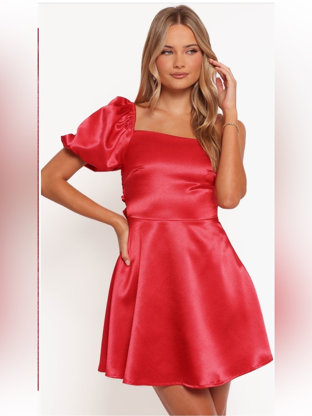 Petal & Pup Red Brexley Asymmetric Sleeve
Satin Minidress NWT